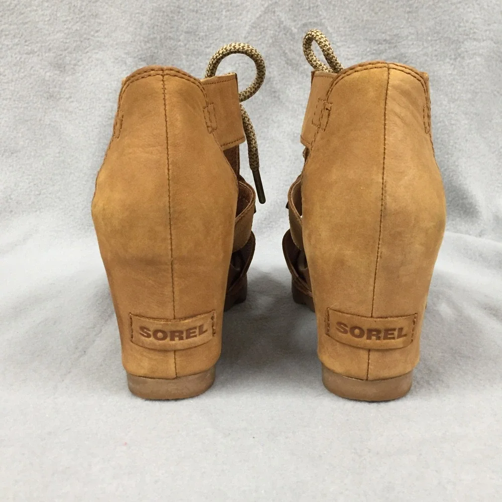 Sorel Joanie Lace Tan Leather Wedge Sandals Peep Toe Lace Up Womens 9 NL2514-224
